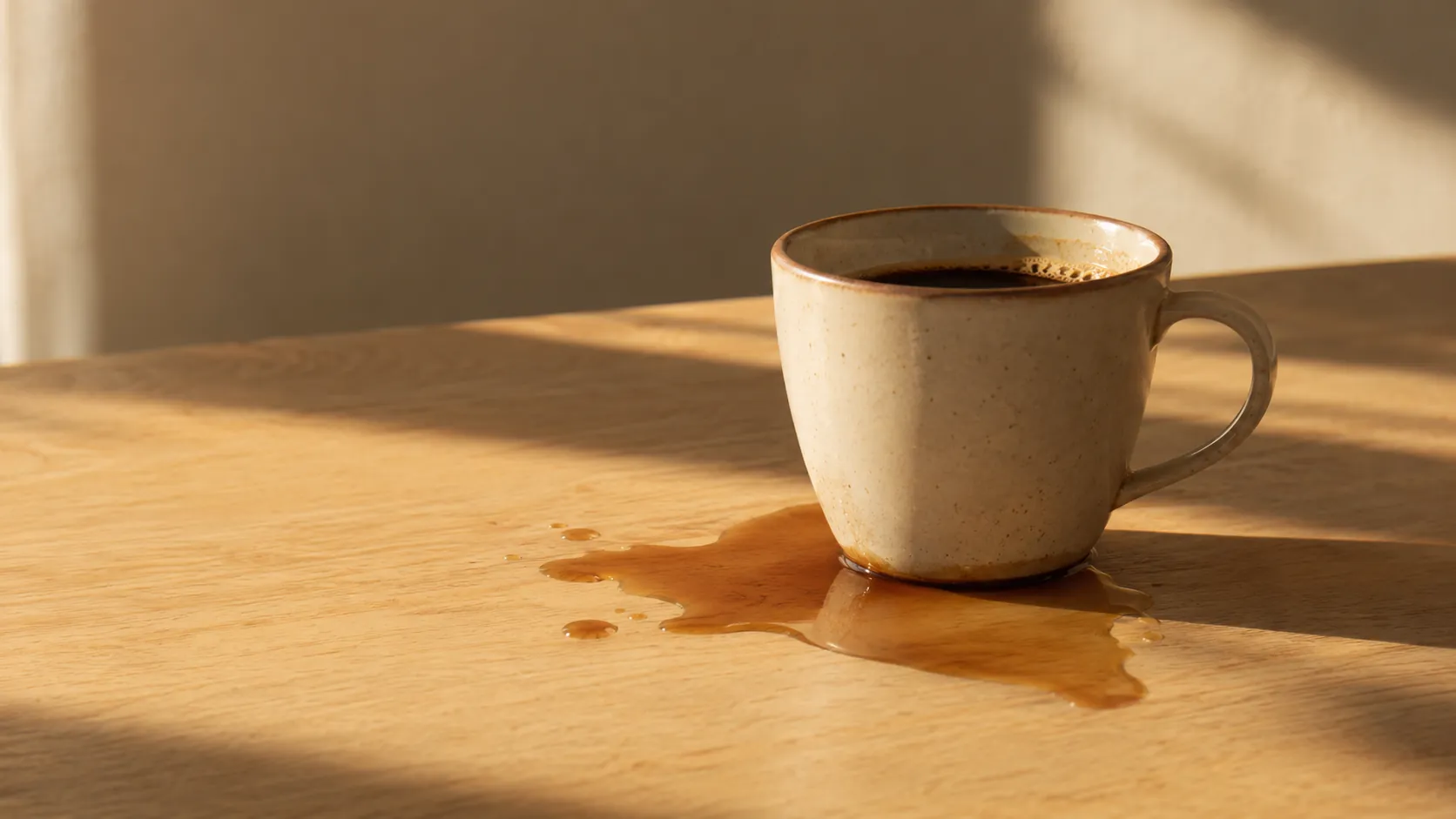Une tasse posée sur une table en bois, un café renversé autour, lumière rasante de fin de journée
