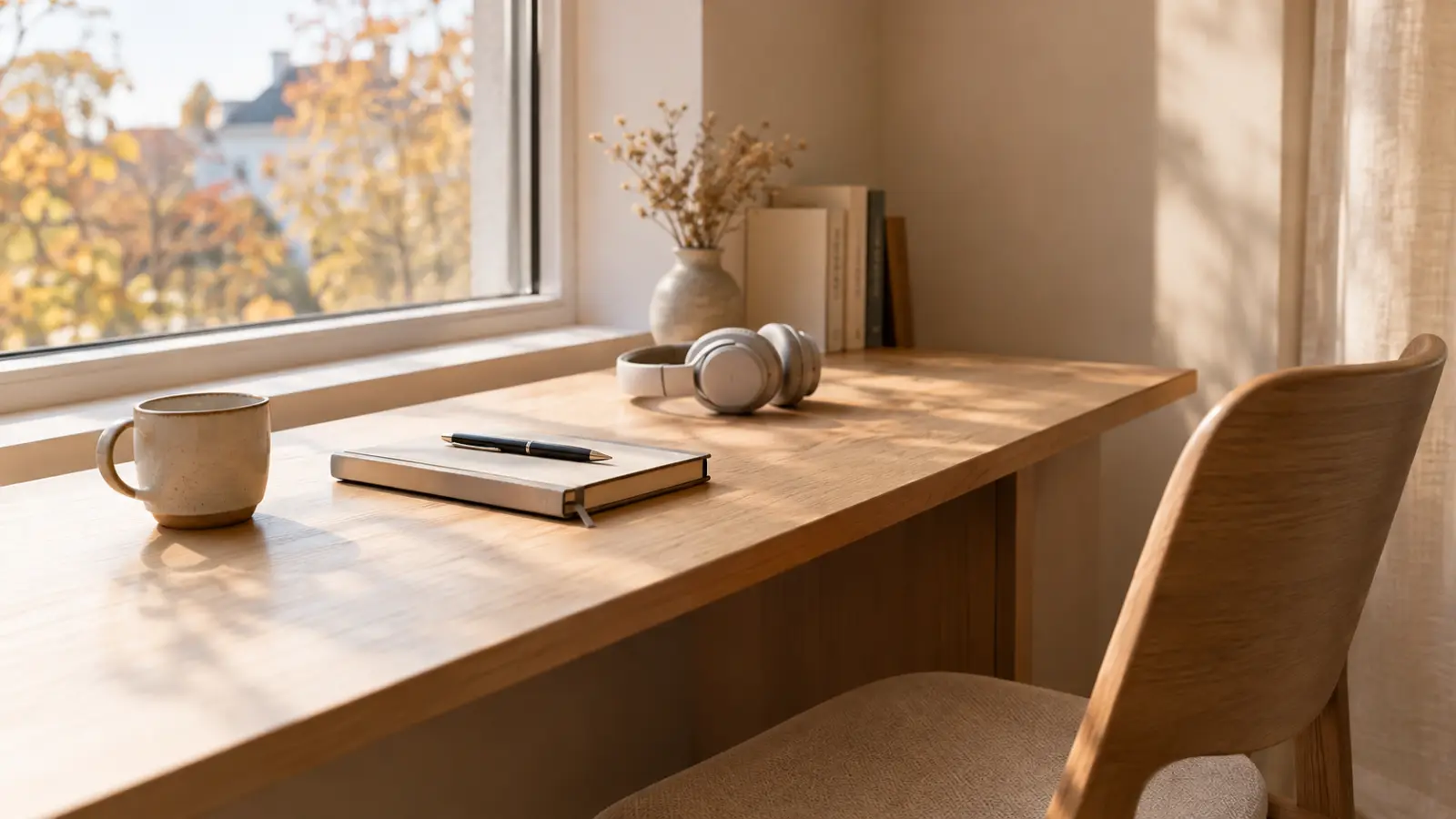 Bureau en bois clair près d’une fenêtre, une tasse, un carnet fermé et un casque audio, une chaise vide, lumière douce d’automne