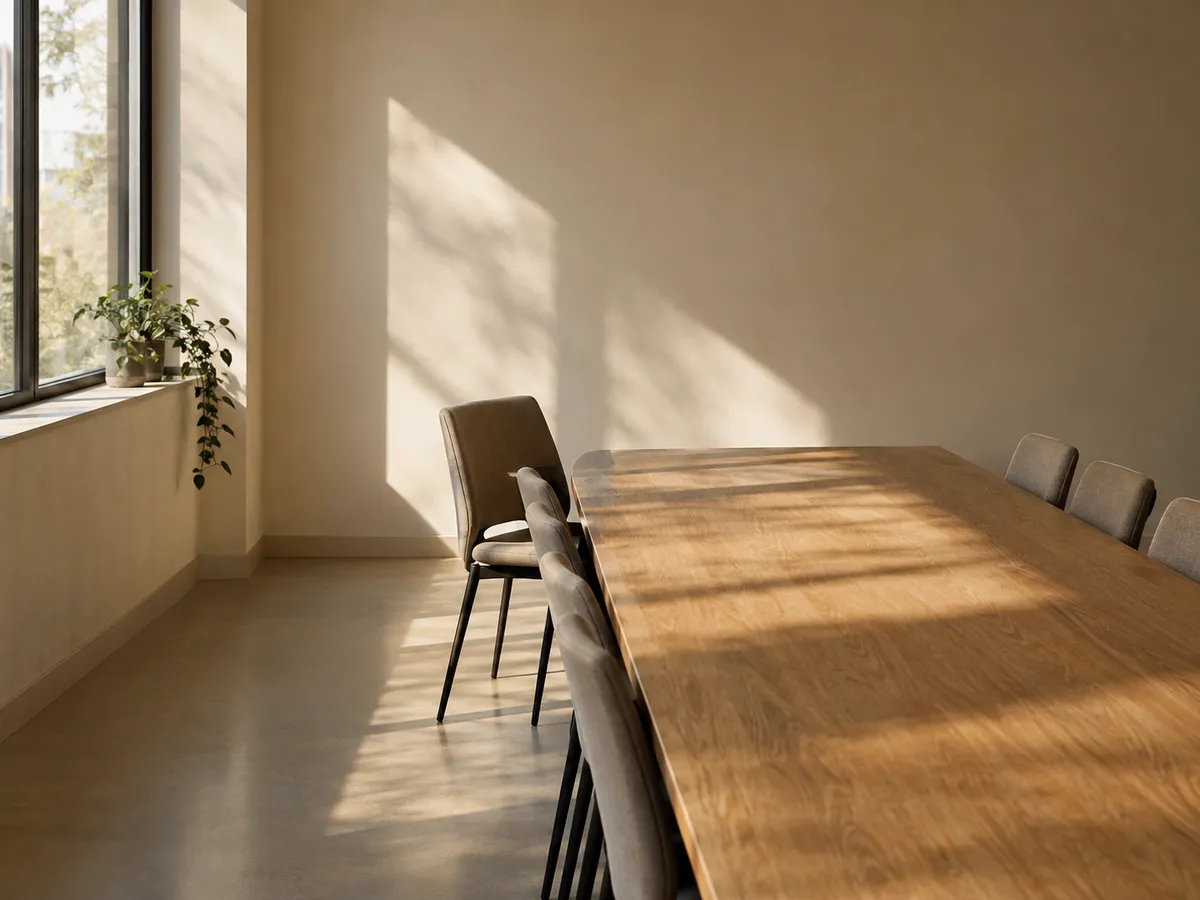 Une chaise déplacée en bout de table dans une salle de réunion vide, lumière du matin