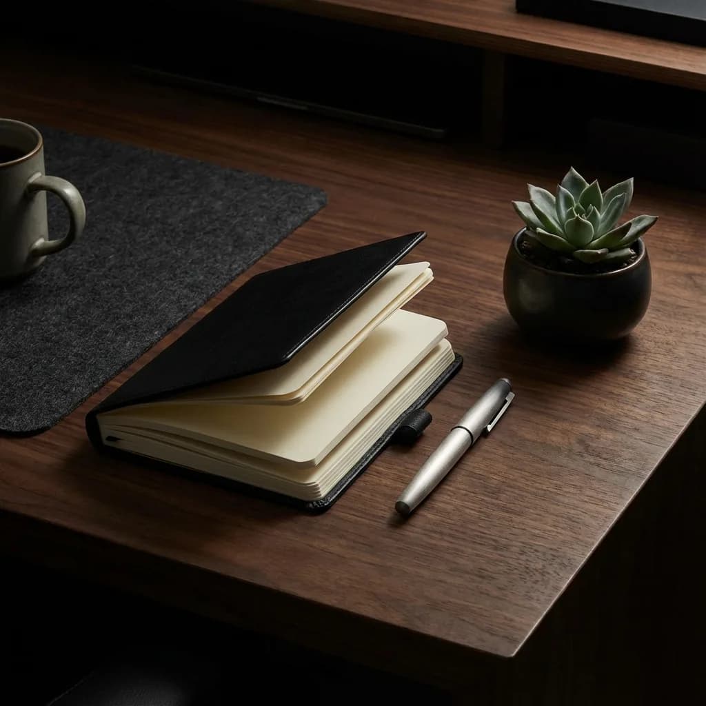Carnet de notes ouvert sur un bureau, temps de mise au clair