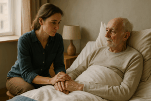 une personne tient la main d'une personne âgée